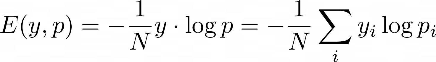 A equação da 'binary cross-entropy loss': 'E(y, p) = - \sum_i y_i \log p_i'